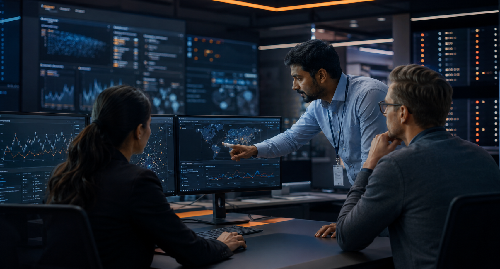 Security operations team reviewing cybersecurity activity