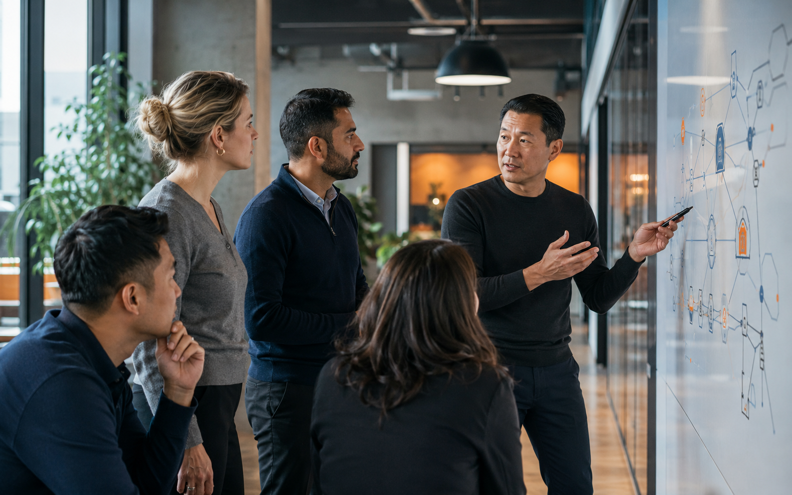 IT professionals planning a network and security project in a modern office