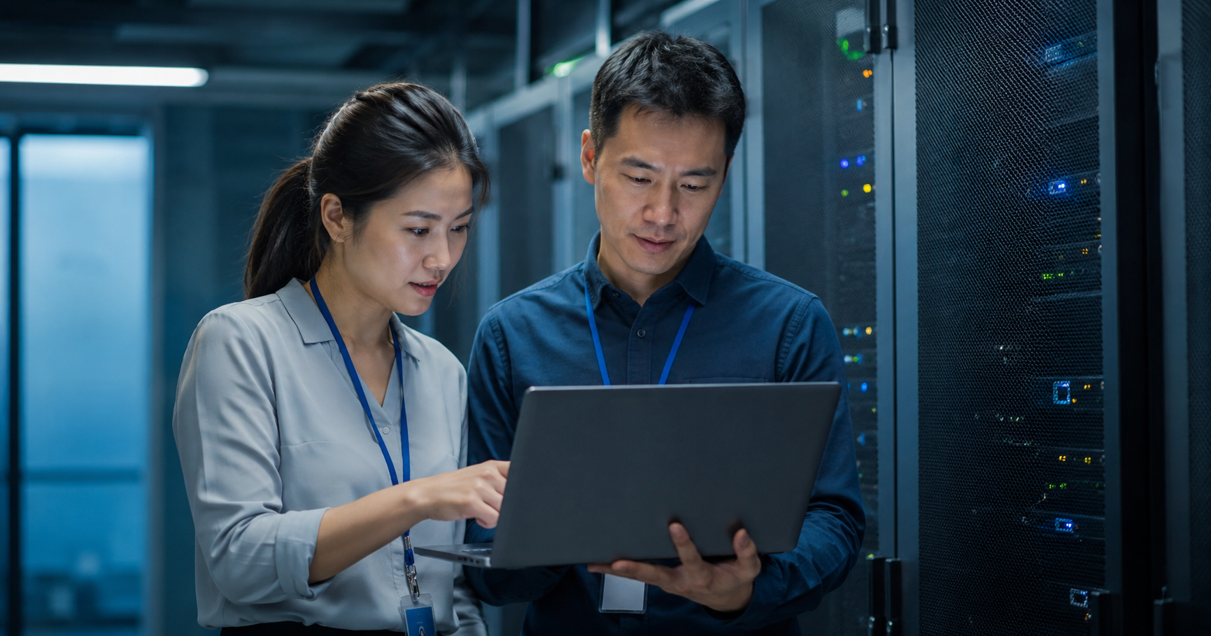 Two Sysnatics IT professionals reviewing infrastructure work in a server room
