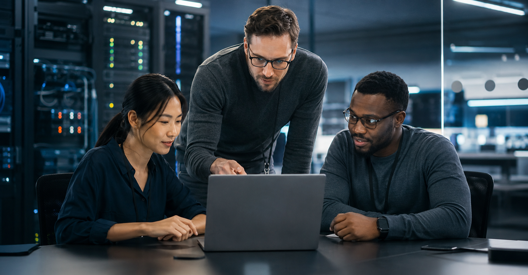 Sysnatics IT engineers collaborating around a laptop in a server workspace
