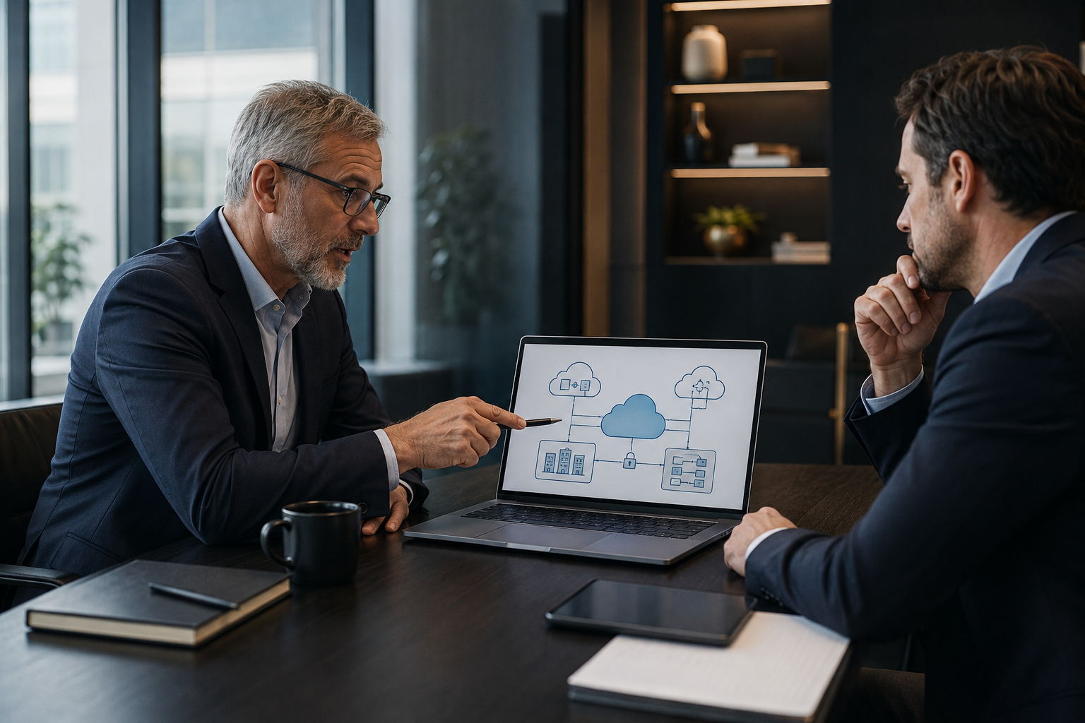 Cloud consultant discussing public private and hybrid cloud architecture