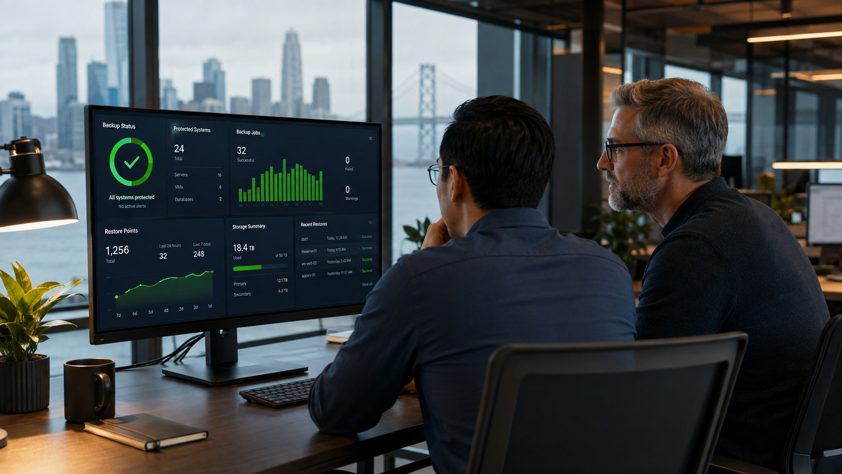 IT professionals reviewing backup and recovery status