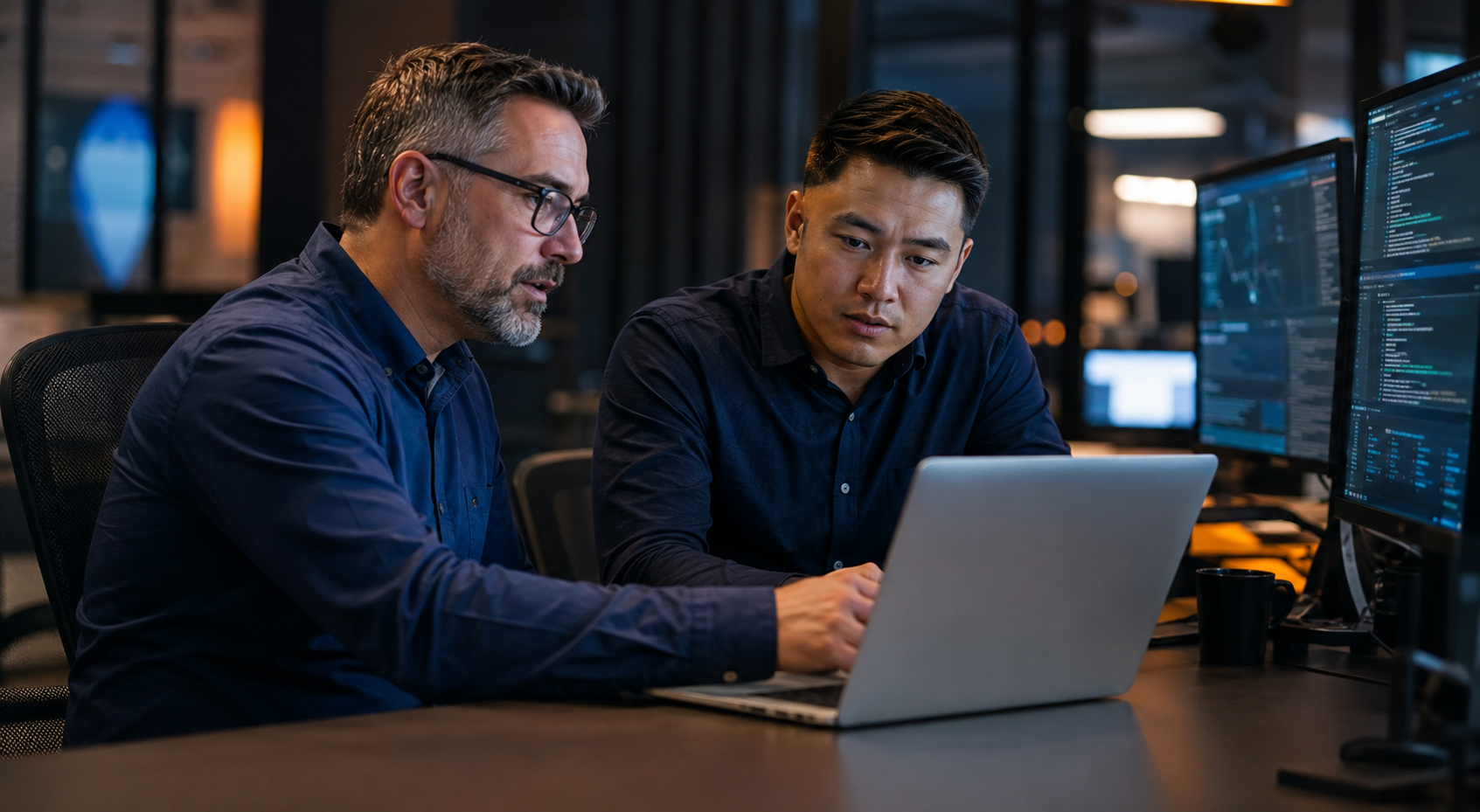 Senior IT engineers working together on client infrastructure