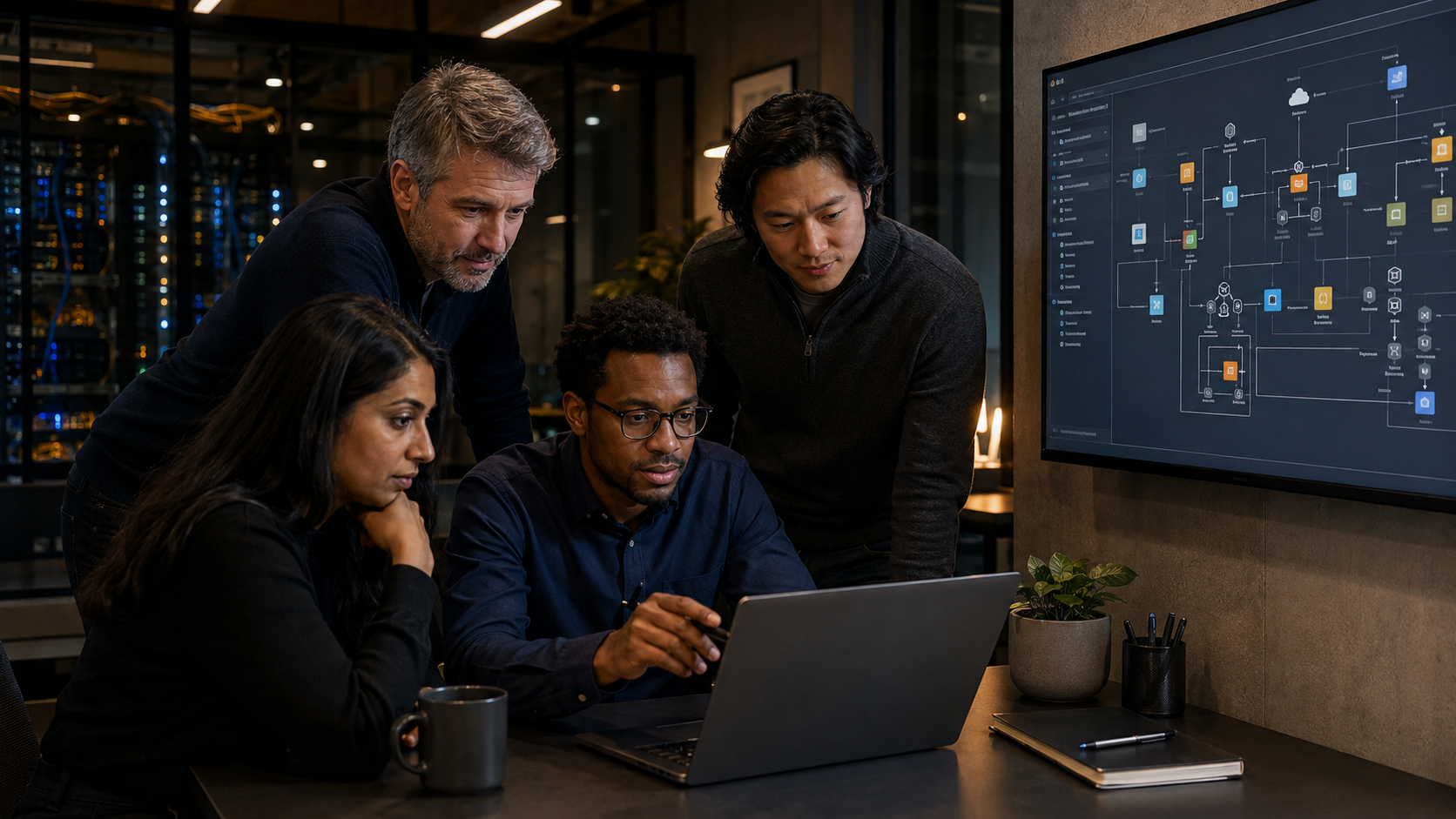 Cloud engineering team reviewing infrastructure architecture